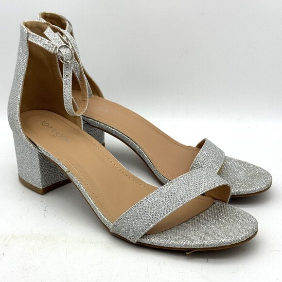 Top Moda Metallic Silver Sparkly Glitter Block Heels Open Toe Buckle Strap Women - Picture 1 of 7
